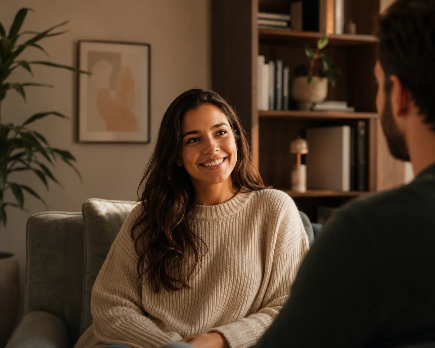 Paciente sorrindo durante sessão de terapia com o psicólogo, ambiente acolhedor